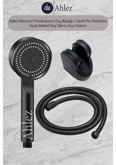 Maxima 5 Fonksiyon Duş Başlığı + Siyah Pvc Hortum + Siyah Mafsal Mat - Siyah