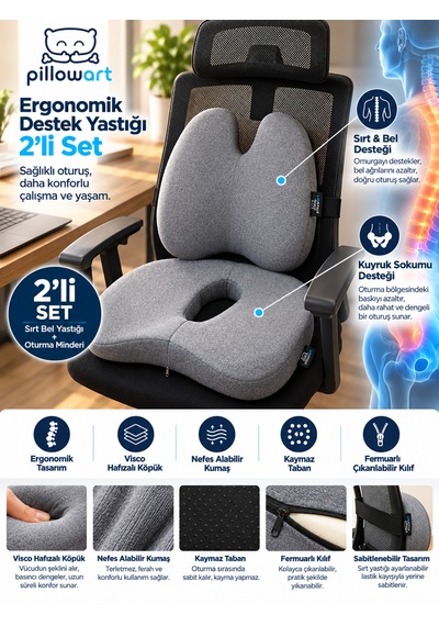 Pillowart Ortopedik Visco Minder 2 Li Set Ergonomik Sırt Bel Desteği Ve Kuyruk Sokumu Destekli Oturma Minderi