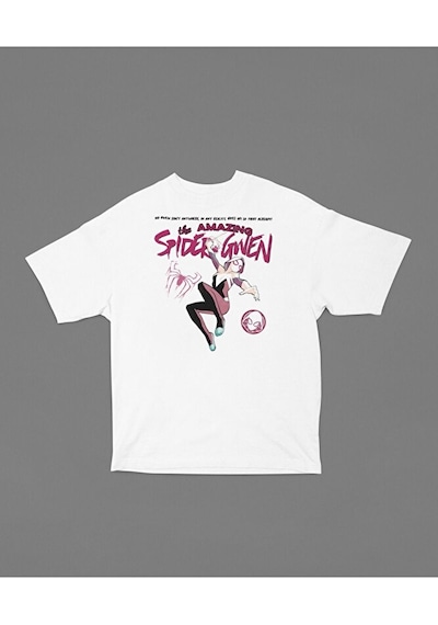 Sevbano The Amazing Spider Gwen Baskılı Unisex Tişört, Oversize Marvel Ti Beyaz