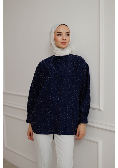 Moonsc Kadın Regular Fit Bel Bağlamı Ve Taş Detaylı Tesettür Lacivert Gömlek