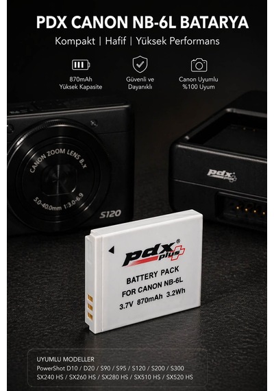 Pdx Canon Nb-6l Batarya Kompakt Canon Uyumlu