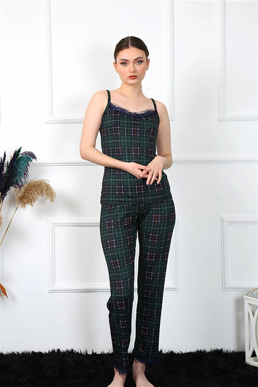 Akbeniz Kadın İp Askılı Yeşil Ekoseli Pijama Takım 4135 Yeşil