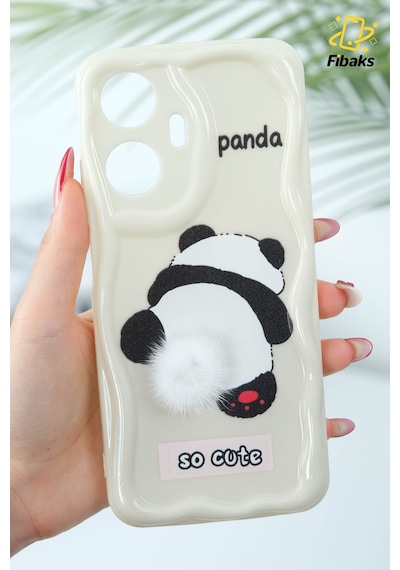 Fibaks Realme C55 Uyumlu Kılıf Tasarımlı Desenli Kamera Korumalı Panda Beyaz Püsküllü Silikon Kapak