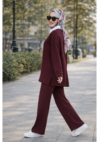 Esra Butik78 Mürdüm Siyah Taş Çimalı Tesettür İkili Takım Tunik Pantolon Şık Rahat Bordo