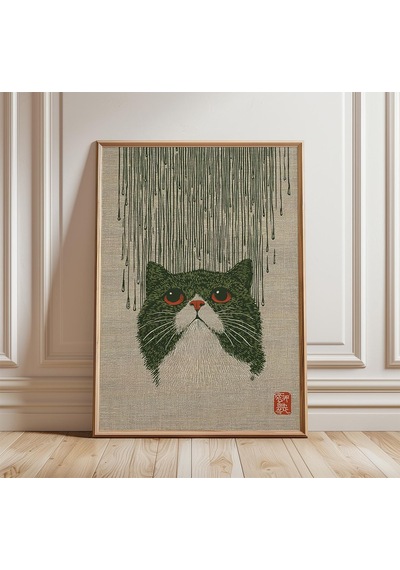 Japon Kedisi Yağmur Posteri, Vintage Ahşap Baskı Tarzı Duvar Sanatı Baskısı, Minimalist Asya İllüstrasyonu, Hüzünlü Hayvan Sanatı, Zen Dekorasyonu