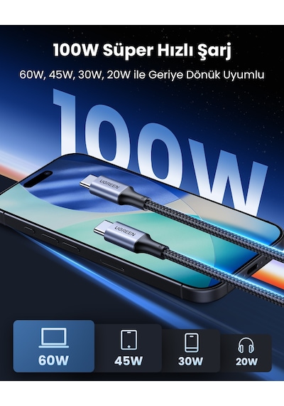 Ugreen Usb-c 100w 5a Qc Pd Örgülü Hızlı Şarj Kablosu, 2 M, Siyah, 70429