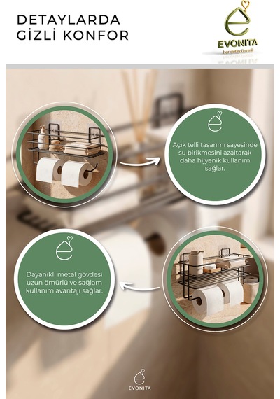 Çiftli Yapışkanlı Tuvalet Kağıtlığı Mat Siyah Metal Kağıtlık Delmeden Montaj Banyo Organizer Renkli