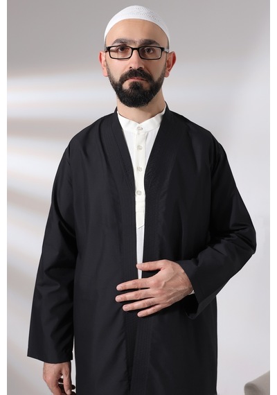 Siyah Erkek Namaz Elbisesi V Yaka Düğmesiz Önü Açık Namaz Cübbesi 001