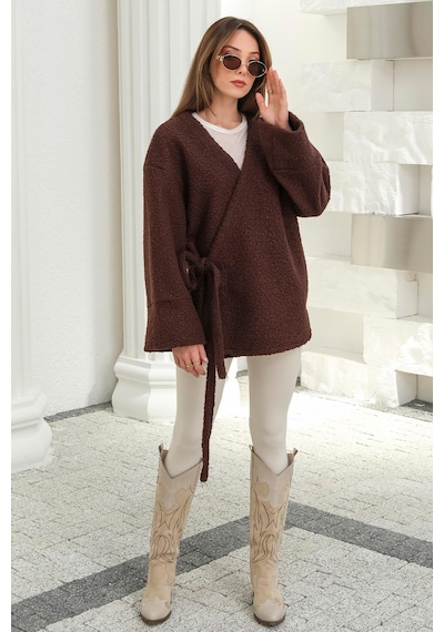 Olcay Önü Bağlamalı Buklet Kimono Ceket Kahve 8265
