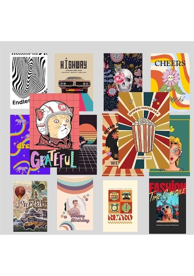 Psychedelic Retro Poster, Indie Kolaj Poster Seti, Dekoratif Poster Kolaj Seti, Çerçevesiz Hediyelik Poster - 30 Adet - 10cm X 15cm