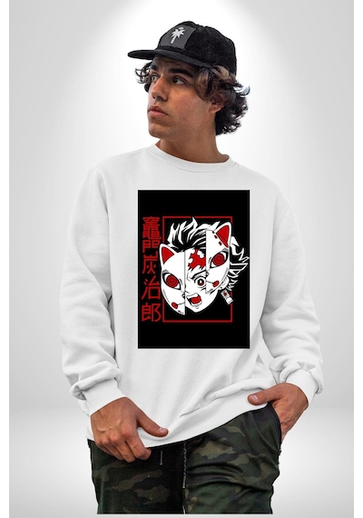 Anime İblis Avcısı Kimetsu No Yaiba Maske Unisex Beyaz Sweatshirt Beyaz