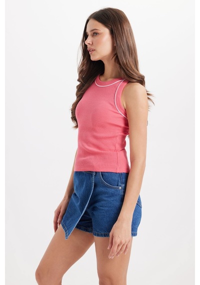 Tudors Kadın Slim Fit Dar Kesim Pamuklu Askılı Bisiklet Yaka Biyeli Pembe Crop Atlet-50981