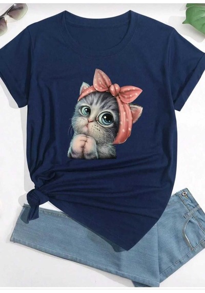 Kozia Outdoors Sevimli Kedi Baskılı Oversize Basic O Yaka Unisex T-shirt Lacivert