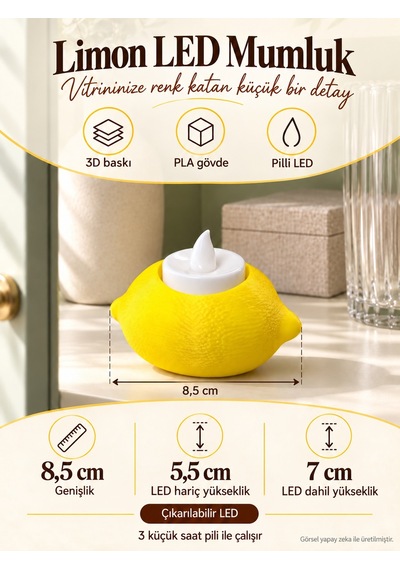 Limon Tasarımlı Tealight Mumluk 3d Baskı Dekoratif Tealight Mumluk Sarı