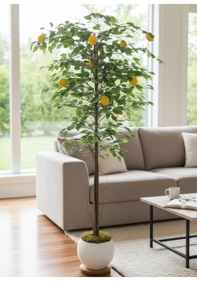 Yapay Limon Ağacı 160cm 10 Limonlu Doğal Görünümlü Beyaz Küre Plastik Saksılı Yapay Ağaç Sarı