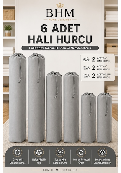 6 Adet Halı Hurcu Seti Büzgülü Halı Saklama Çantası Toz Ve Neme Karşı Koruyucu Gri