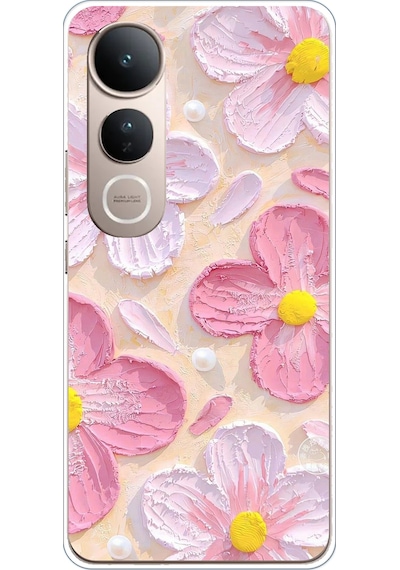 Vivo V50 Lite Uyumlu Pembe Beyaz Çiçekler Sulu Boya Baskılı Silikon Kılıf Renkli
