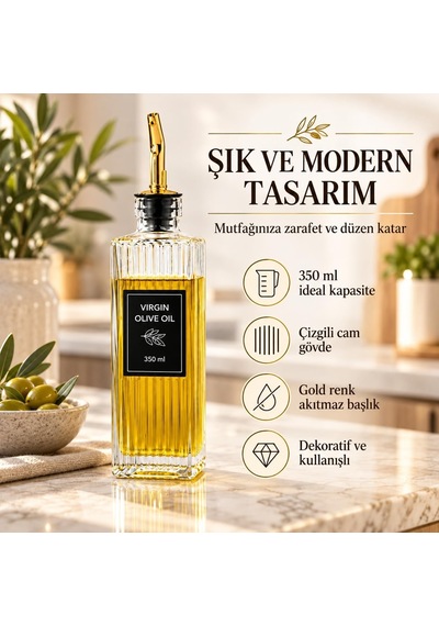 Cam Yağdanlık 350 Ml - Gold Tipal Akıtmaz Başlıklı Yağlık Sirkelik - Zeytinyağı Ayçiçek Yağı Sirke Ve Soslar İçin Çizgili Cam Şişe - Damlama Önleyici Mutfak Yağ Şişesi 7x7x22 Cm Diğer