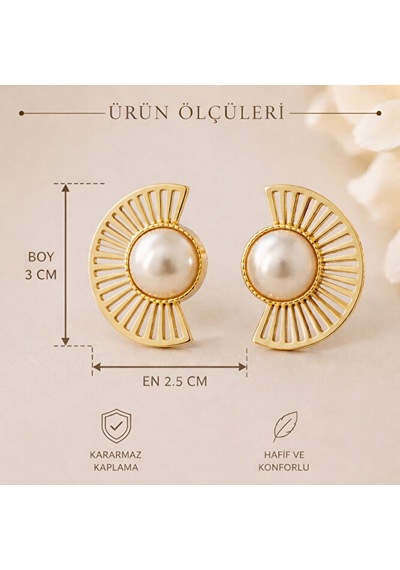 Altın Rengi İncili Küpe Vintage Fan Tasarım Kararmaz Kaplama Şık Çok Renkli