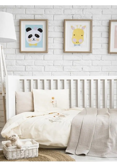 Little Sheep Nakışlı Bebek Nevresim Seti, %100 Pamuk Kumaş Organik Pamuk Örtlülü Bebek Nevresimi Bej