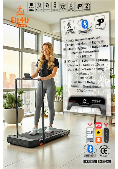 Adımsayar, Program, Bluetooth, Ce Belgeli, Eğim Ayarlı, Kumandalı, 10km Hız, Katlanabilir Koşu Bandı