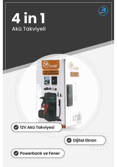 Araç Kompresörü 4 İn 1 Akü Takviyeli 12v Dijital Ekranlı Lastik Ş