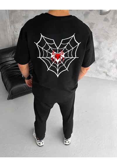Erkek Kısa Kol Tişört Bisiklet Yaka Örümcek Baskılı Oversize T-shirt - Siyah