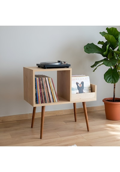 Sera 44x78cm Ahşap Retro Pikap Sehpası, Metal Raflı Plak Organizer, Plak Düzenleyici, Plak Dolabı Safir Meşe