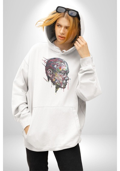 İnsan Kafası Sulu Boya Kadın Erkek Beyaz Kapüşonlu Sweatshirt Hoodie Beyaz