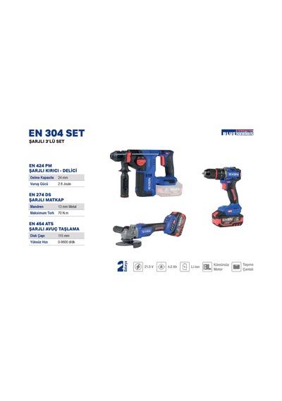 Exen En 314 Set - 21v 4ah Kömürsüz Şarjlı Makina 3'lü Set
