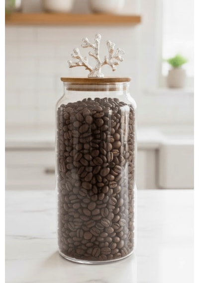 1400 Ml Borosilikat Cam Kavanoz - Gümüş Mercan Figür Bambu Kapaklı Lüks Saklama Kabı Şeffaf
