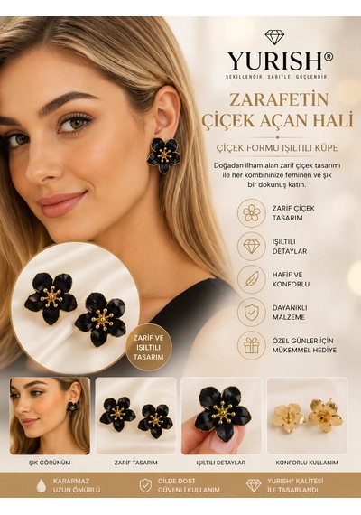 Kadın Sedefli Çiçek Figürlü Mineli Model 2'li Küpe Siyah