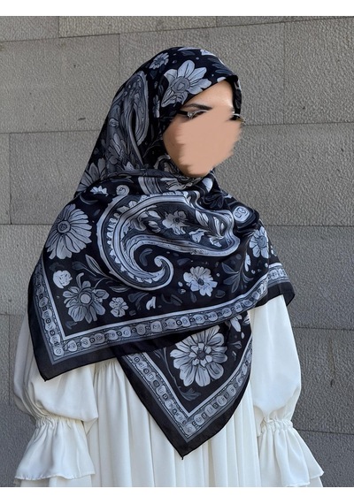 Qalortex Scarf Pamuklu Vintage Desen Eşarp-siyah/gri Siyah-Gri