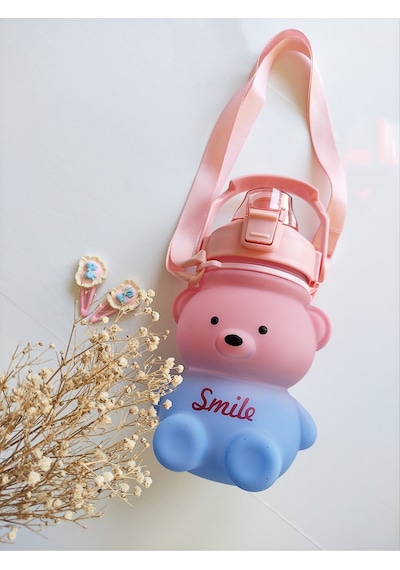 Pembe Mavi İki Renkli 1 Litre Kapasiteli Ayıcık Suluk İthal Sticker Hediyelidir. Plastik Pembe Diğer