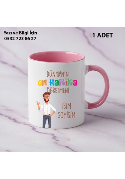 Dünyanın En Harika Öğretmeni Tasarımlı Kupa Bardak -öğretmenler Günü Hediye-kişiye Özel İsim Yazılır Pembe