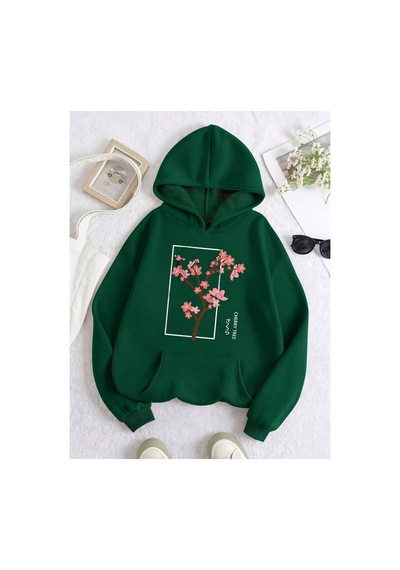Medinenur Cherry Baskılı Kapüşonlu Sweatshirt Yeşil