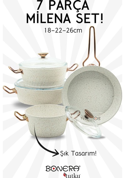 Milena 7 Parça Granit 18-22-26 Cm Tencere & 26cm Tava Set Beyaz