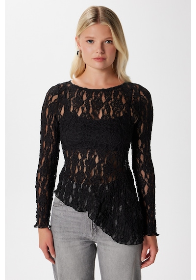Ritnice Angel Asimetrik Siyah Uzun Kollu Dantel Top / Bluz Siyah