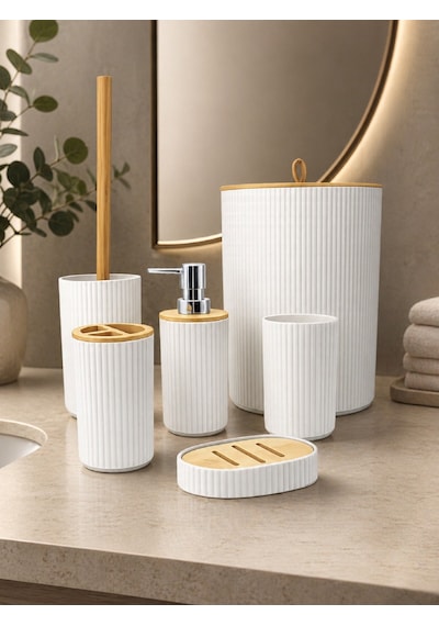 6 Lı Banyo Seti Sabunluk Diş Fırçalık Sıvı Sabunluk Çöp Kovası Tuvalet Fırçası Organizer Beyaz