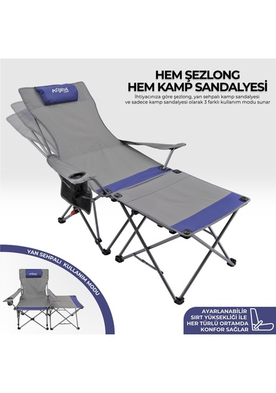 Sırt Ayarlı Katlanabilir Kamp Sandalyesi - 4 Kademeli - Lounge - Gri/mavi Çok Renkli