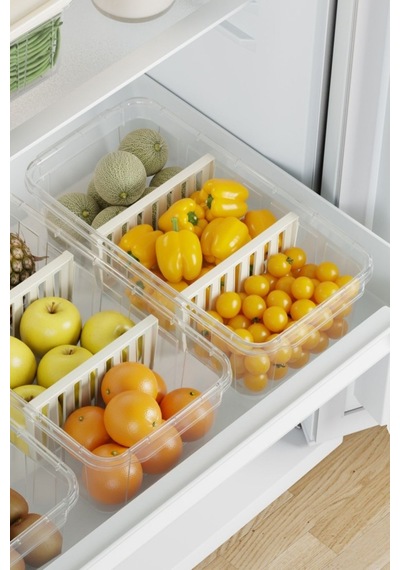 Flora 3 Bölmeli Kapaklı Organizer 6 Litre, Büyük Boy Sebze Meyve Düzenleyici Buzdolabı Saklama Kabı Beyaz