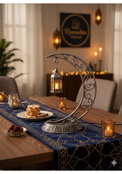Dekoratif 28 Cm Hilal Eskitme Gümüş Ramazan Led Lamba 10 Cm Kancalı Set Diğer