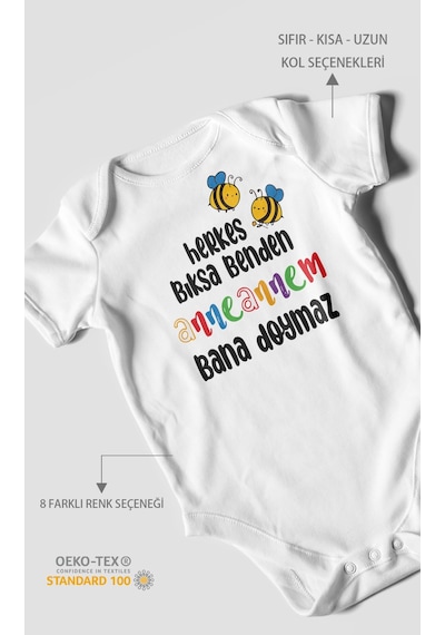 Herkes Bıksa Benden Anneannem Bana Doymaz Baskılı Bebek Zıbını %100 Pamuk Kısa Kol Beyaz