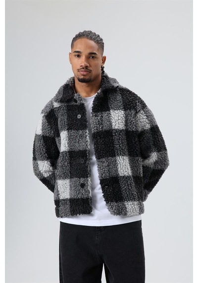 Vamos Oversize Peluş Ekose Ceket Siyah