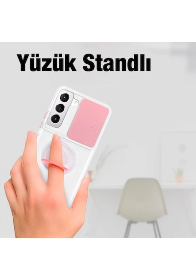 Sm Galaxy S21 - S30 Kılıf Sürgülü Kamera Lens Korumalı Yüzük Standlı Silikon Kılıf- 5775