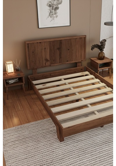 Alaz Dikey Başlıklı Masif Ahşap Karyola Ceviz 90x190