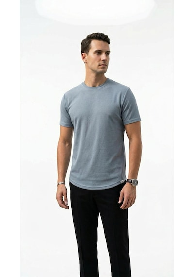Plus Scorpion Erkek Slim Fit Basic Tişört Esnek, Terletmeyen Pike Dokulu Kumaş Mavi