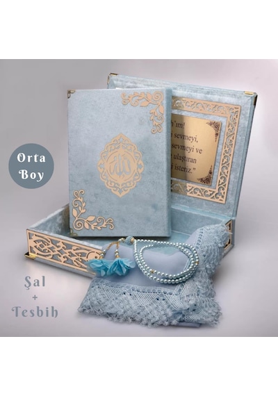 Şal + Tesbih + Kuran Hediye Seti Orta Boy, Şemslafzatullah, Gold Pleksi, Raşel Kutu, Bebe Mavi
