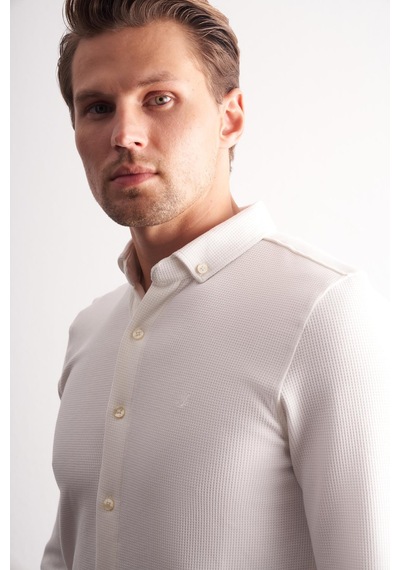 İmza Ekru Uzun Kol Düğmeli Yaka Kendinden Desenli Pamuklu Slim Fit Gömlek 1004255267 Ekru