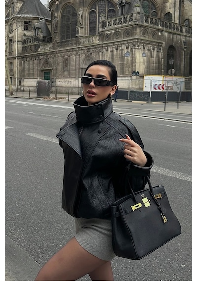Meecy Kadın Zr Model Dik Yaka Fermuarlı Deri Ceket Black Black